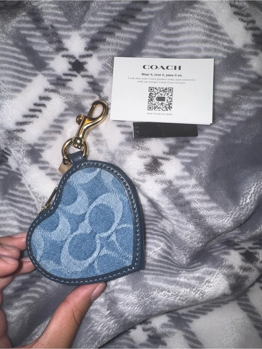 COACH denim  Heart Keychain Coin Purse - Denim Blue Signature